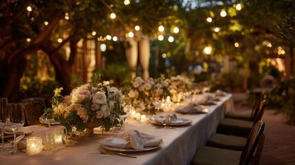 A beautifully arranged outdoor dining table with floral centerpieces, candles, and string lights in a garden setting during the evening.