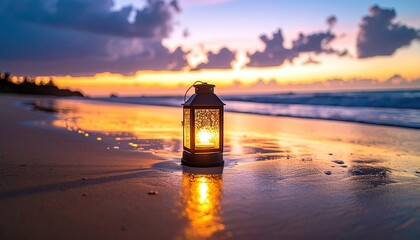 Lantern glowing on a wet sandy beach during a vibrant orange and purple sunset reflecting on the ocean waves with palm trees silhouetted in the distance