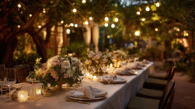 A beautifully arranged outdoor dining table with floral centerpieces, candles, and string lights in a garden setting during the evening. - Powered by Adobe
