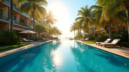 Fototapeta premium Idyllic Tropical Resort Pool with Palm Trees and Ocean View at Sunset