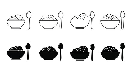 Black and white line art depictions of bowls of food with spoons