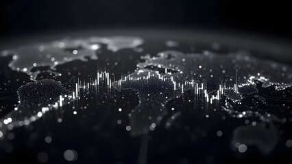 Monochrome world map with financial data visualization for global market insights