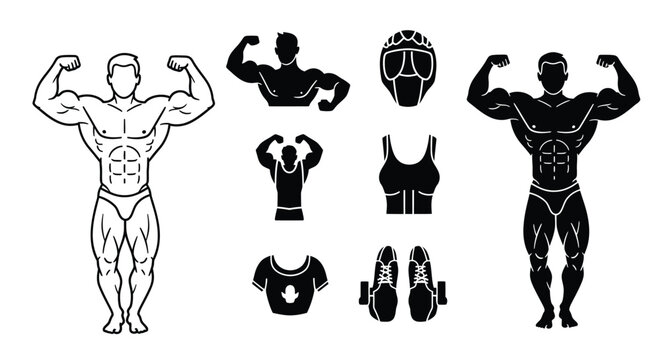 Black and white illustrations showcasing athletic figures and fitness related gear