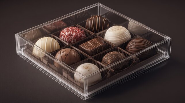A clear box containing assorted chocolates in various shapes and colors. The chocolates include dark, milk, and white varieties, arranged neatly in a grid. - Powered by Adobe