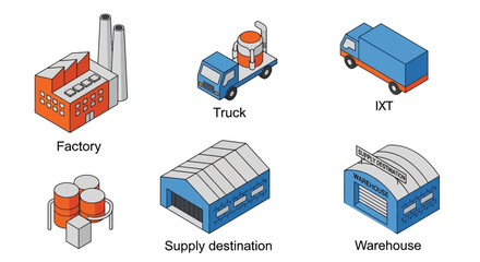 Isometric industrial elements factory truck warehouse and supply storage