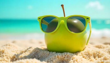 Fun summer concept of a green apple wearing sunglasses on the beach. Bright, creative, and eye-catching for lifestyle, health, and vacation themes.