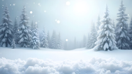 Fototapeta premium Serene winter landscape with snow-covered pine trees and soft snowfall background