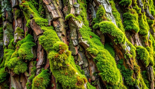 Close-up of vibrant green moss flourishing on rugged tree bark, showcasing the intricate textures and natural beauty of a forest environment