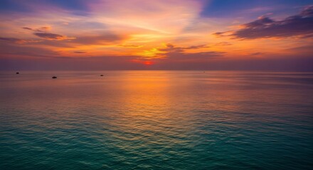 Obraz premium A serene ocean sunset with vibrant colors reflecting across the water surface and the sky