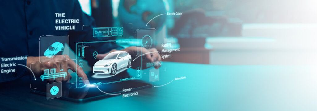 Person using digital tablet with virtual interface of electric vehicle technology, showing battery management, power electronics, and smart control system for future transportation innovation.