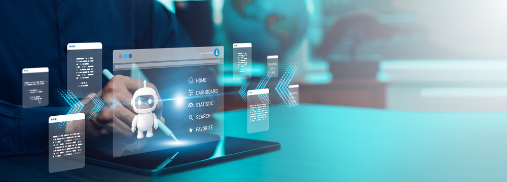 Person using digital tablet with virtual AI assistant and chatbot interface. Concept of artificial intelligence, data automation, machine learning, and smart technology innovation.