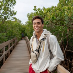 Young caucasian male smiling on boardwalk in nature park