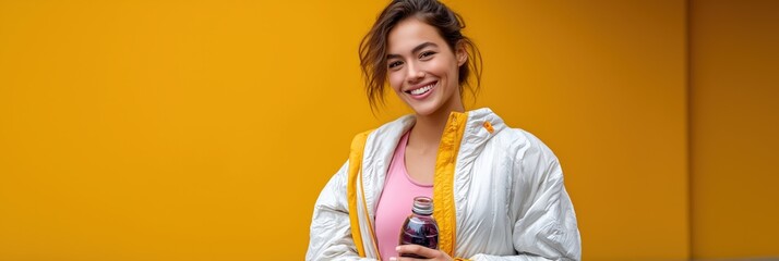 Young asian female smiling in athletic wear holding a drink against yellow background
