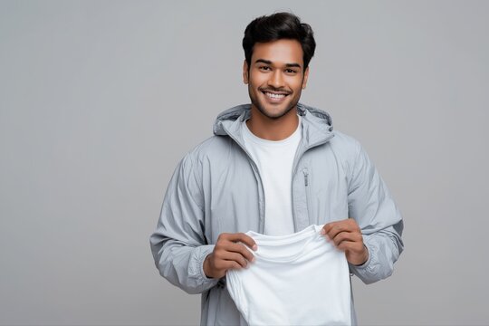 Smiling young hispanic male holding white t-shirt against gray background