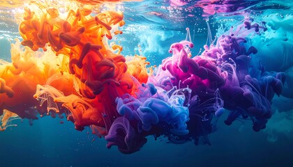 Vibrant explosion of colorful orange and purple ink clouds swirling dynamically in deep blue water, creating a stunning abstract fluid art background