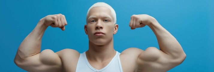 Caucasian young adult male flexing muscles in white tank top against blue background