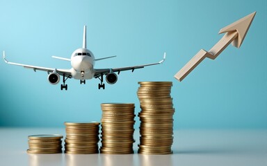 Airplane business recovery after covid-19 impact to airplane transport industry crisis concept and business travel idea. Stack of coins and growth graph on aircraft transportation background