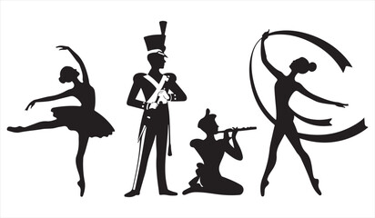 Silhouette illustration of ballet dancer, musician, and performer in motion