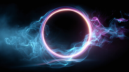 Obraz premium Glowing circle with swirling smoke creating an abstract digital art piece with a black background. The glowing circle is surrounded by a vibrant, ethereal cloud-like smoke