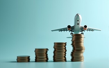 Airplane business recovery after covid-19 impact to airplane transport industry crisis concept and business travel idea. Stack of coins and growth graph on aircraft transportation background