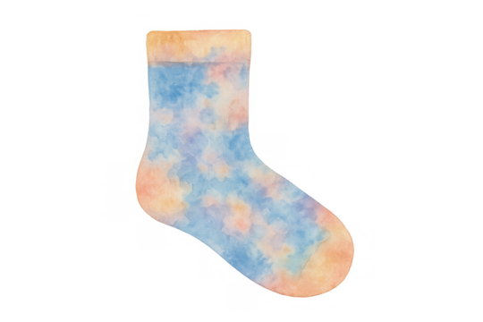 Colorful watercolor sock with tie-dye pattern, modern apparel design, soft pastel colors, textile art