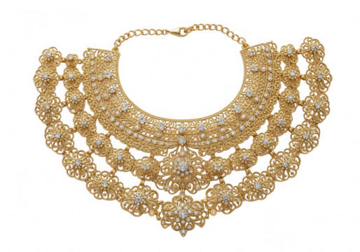 Elegant gold statement necklace isolated on transparent background