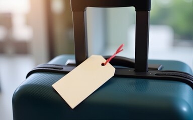 A close-up of a luggage tag attached to the handle of a modern suitcase, symbolizing travel and adventure. High quality