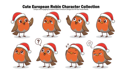 Collection of cartoon European Robin characters wearing Santa hats, displaying various emotions and poses.