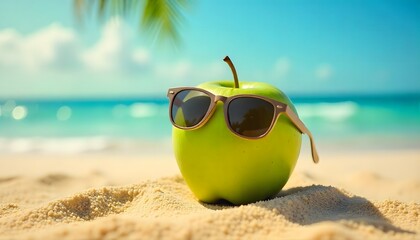 Fun summer concept of a green apple wearing sunglasses on the beach. Bright, creative, and eye-catching for lifestyle, health, and vacation themes.