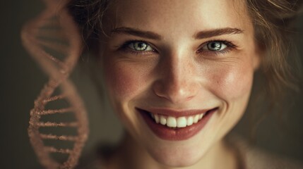 Portrait of smiling young woman with dna helix symbolizing genetic beauty wellness and modern biotechnology innovations in personal healthcare aesthetics