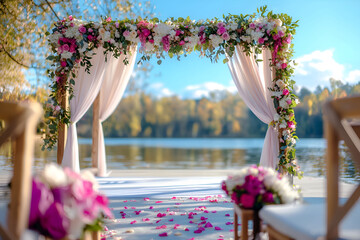 Scenic outdoor wedding ceremony by a lakeside with floral arch and petals