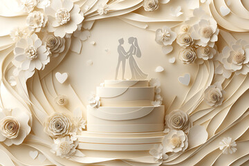 Elegant wedding cake with papercraft floral art and heart motifs for romantic occasions