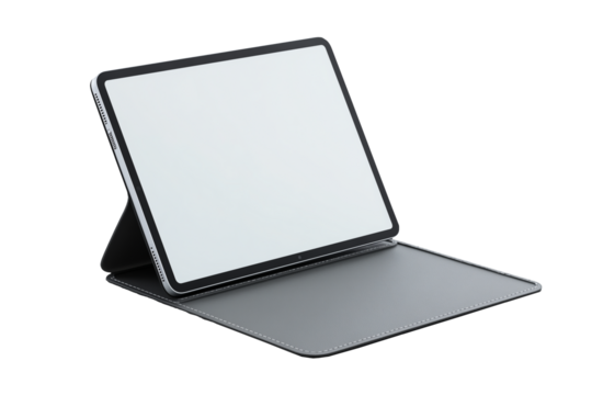 A close up view of a tablet in a grey case against a black background in studio lighting