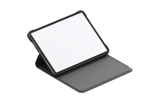 A tablet with a blank white screen resting on a gray cover against a black background