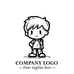 Black and White Chibi Boy Illustration with Jacket and Boots in Bold Thick Line Art Minimal Style
