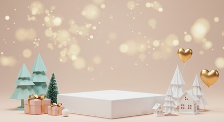 Minimalist Noel Christmas Podium Stage. Pastel Winter Landscape Background with Gifts, Trees, and Golden Bokeh for Product Display.