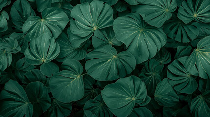 Cluster of large, dark green, heart-shaped leaves with prominent veins overlapping each other.

