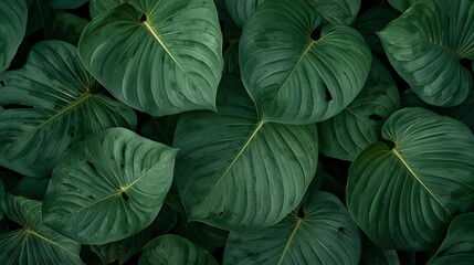 Cluster of large, dark green, heart-shaped leaves with prominent veins overlapping each other.

