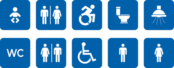 Toilet icon. WC sign. Printable sticker of toilet symbol sign with woman wc man handicapped baby icons. Restroom bathroom and change room sign. WC door plate symbol illustration.