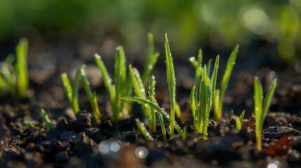 Close-up of young green grass sprouts emerging from moist, dark soil with dew drops.

