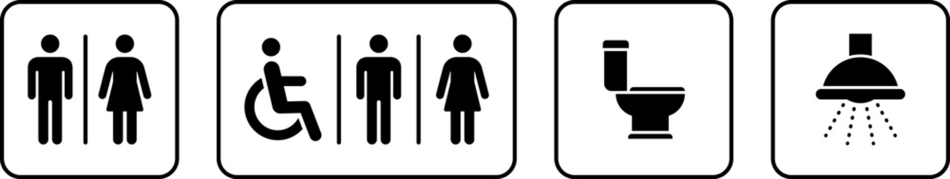 Toilet icon. WC sign. Printable sticker of toilet symbol sign with woman wc man handicapped baby icons. Restroom bathroom and change room sign. WC door plate symbol illustration.