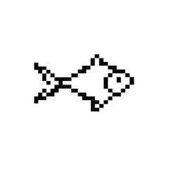 Pixelated Black and White Fish Icon Simple Outlined on White Background