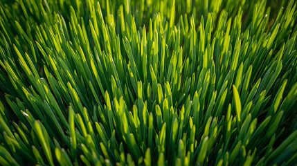 Close-up view of tall, healthy green grass blades in sunlight.

