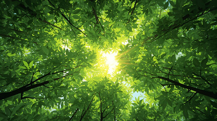 Looking up through tall green trees toward the sun, bright light shining through dense leaves.

