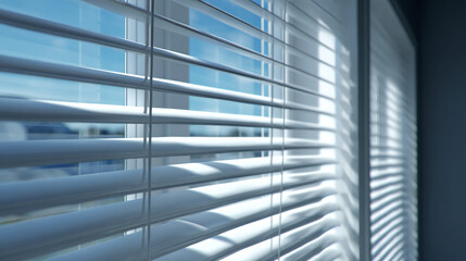 A window with blinds. The blinds are partially open, allowing sunlight to stream through. The scene is of interior architecture
