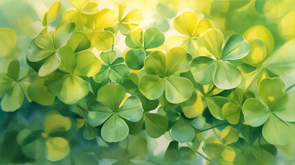 Bright green and yellow clover leaves in soft sunlight, gentle watercolor effect

