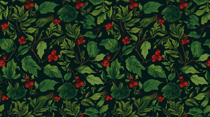 Seamless vector pattern with autumn red and green leaves texture for a floral wallpaper design.