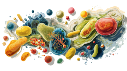 A colorful artistic representation of various cells and microorganisms in a fluid environment