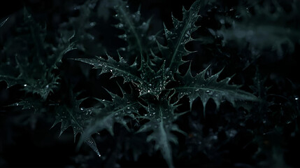 Abstract fractal background with a blue wash evokes a winter forest of frozen pine and spruce branches covered in white snow and frost.