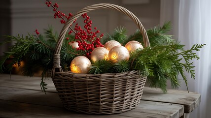 Illuminated golden easter eggs nestled among evergreen branches and red berries in a woven basket